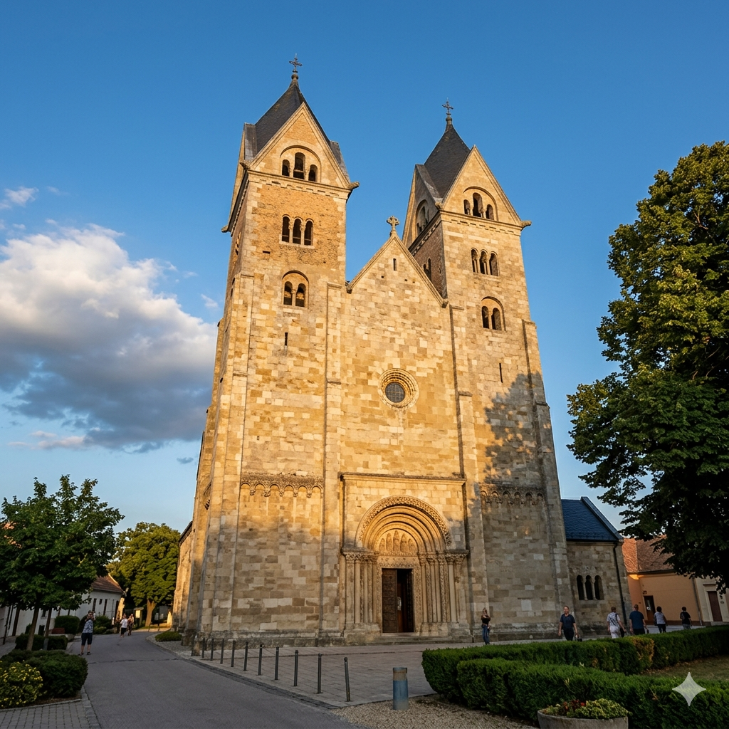 Lébény Szent Jakab-temploma naplementében, román kori homlokzattal és ikertornyokkal